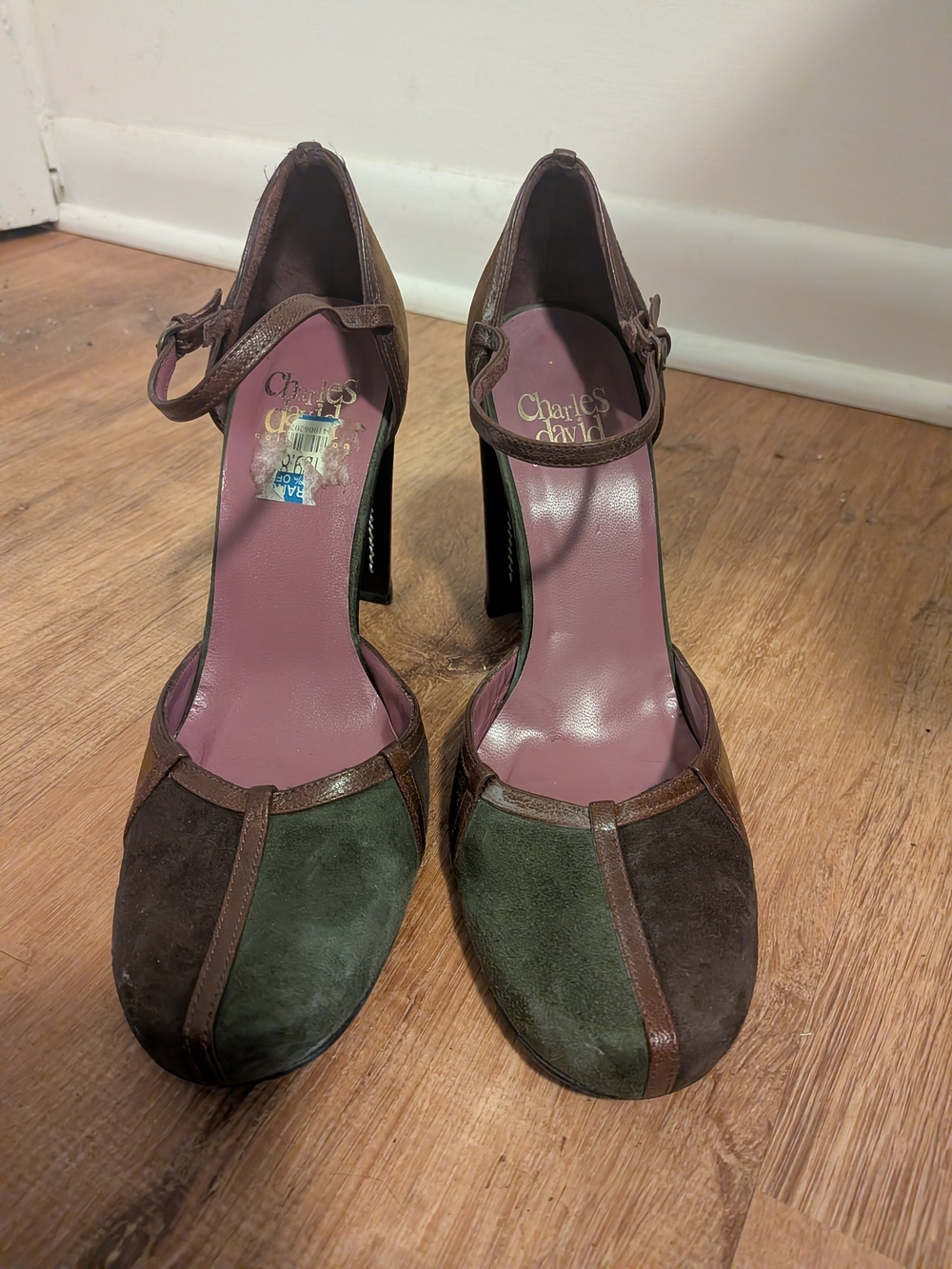 Charles David Collection Green Brown Suede Leather Mary Jane Heels 7B